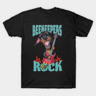 Cute funny Beekeepers Rock with dachshund doxie dog with guitar tee T-Shirt